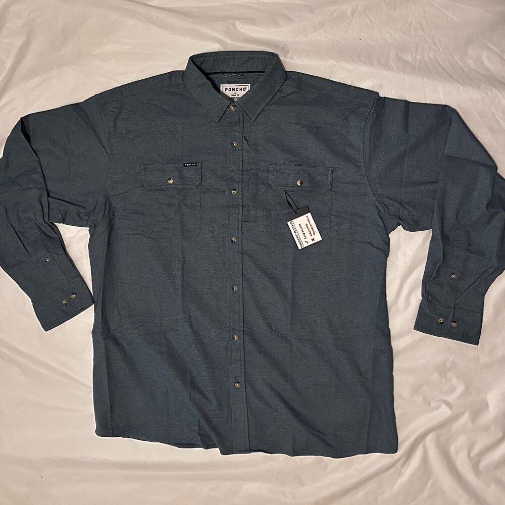Poncho Shirt Mens X-Large Blue Magnetic Pockets Flannel Long Sleeve Button Down